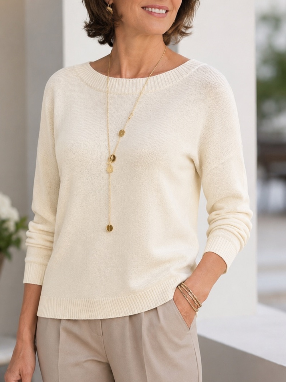 Chico’s‎ Cream Cotton Linen Blend Crew Neck Knit Sweater Women’s Size 1 (Medium)
